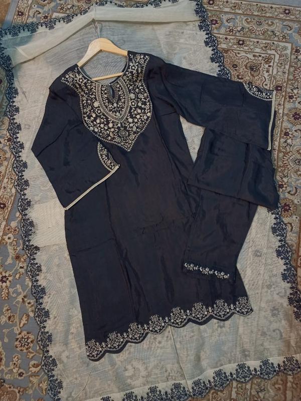 Raw Silk Embroidered Cutwork Suit with Khaddi Net Embroidered Dupatta - Traditional Women's Dress woman dress