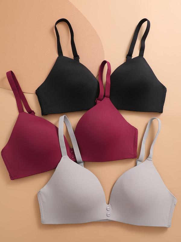 Women's Solid Lace Trim Button Decor Wireless Bra, Summer Adjustable Strap Push Up Bra, Soft Comfy Lingerie Top for for Daily Wear, Breathable Underwear