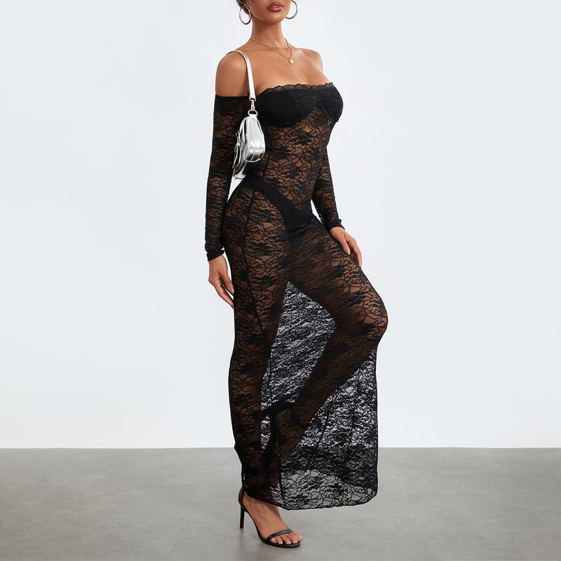 Women Y2k Sexy Sheer Lace Maxi Dress Long Sleeve Off Shoulder Mesh See Through Long Dress Bodycon Party Club Dress