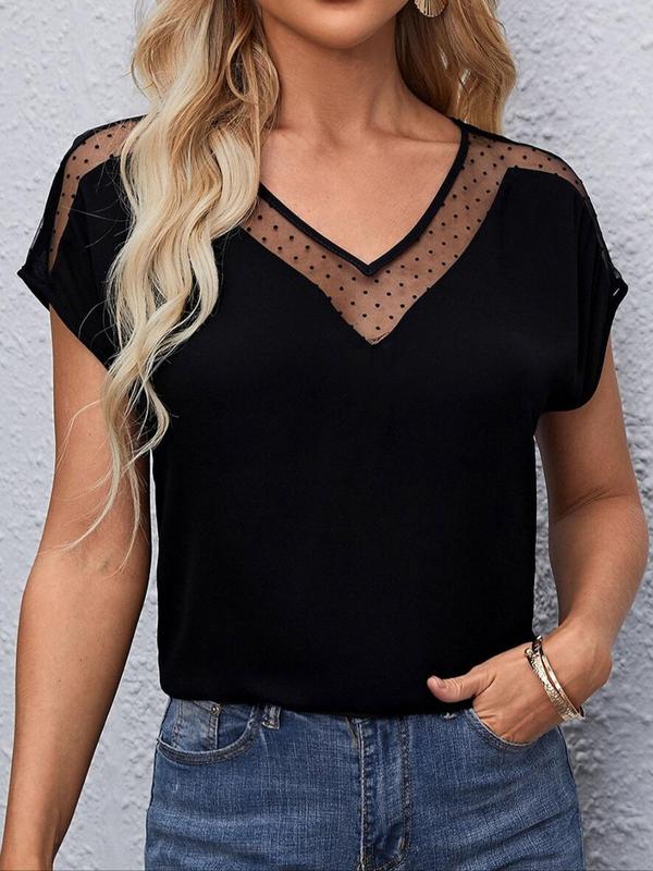 Women's Polka Dot Patchwork Print Contrast Mesh Sheer Batwing Sleeve Blouse, Casual V Neck Short Sleeve Top for Summer, Ladies Clothes for Daily Wear