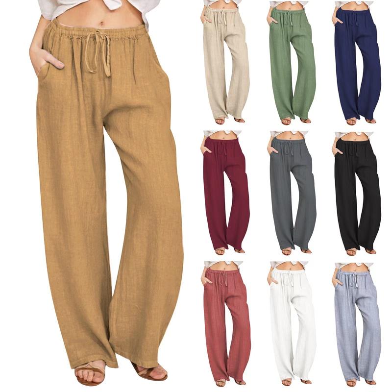 plus Size Women's Elastic Waist Long Linen Leisure Loose-Fitting Wide-Leg Trousers Women