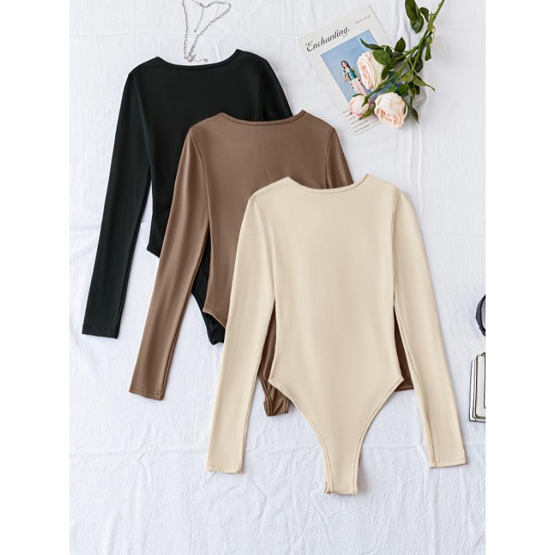 Solid Crew Neck Bodysuit 3 Pack, Casual Long Sleeve One-piece Bodysuit, Women's Clothing