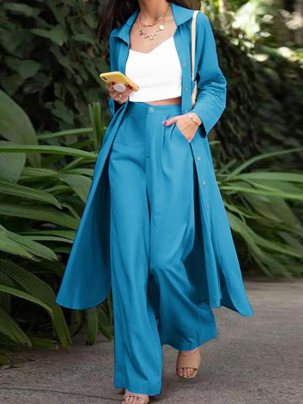 Two-Piece Set Women's Solid Color Lapel Neck Button Front Blazer & Wide Leg Pants, Casual Long Sleeve Outerwear & Pocket Trousers for Work Office Business, Ladies Fall & Winter Clothes