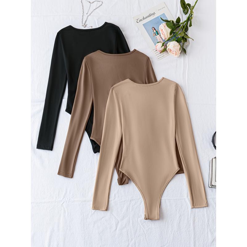 Solid Crew Neck Bodysuit 3 Pack, Casual Long Sleeve One-piece Bodysuit, Women's Clothing