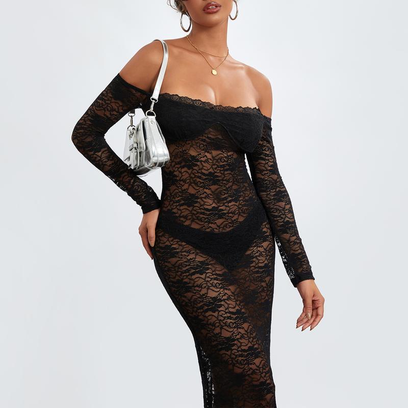 Women Y2k Sexy Sheer Lace Maxi Dress Long Sleeve Off Shoulder Mesh See Through Long Dress Bodycon Party Club Dress