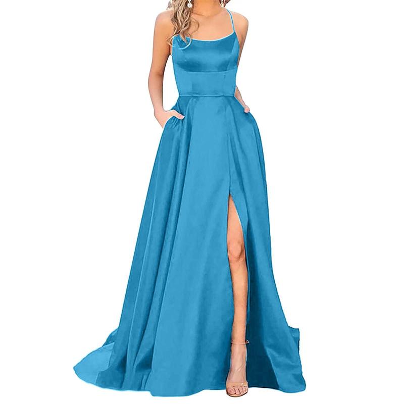 Sexy Nipped Waist Split Prom Dress Elegant Women Party Night Formal Long Evening Spaghetti Straps Dress Elegant Wedding Vestidos Fabric Polyester