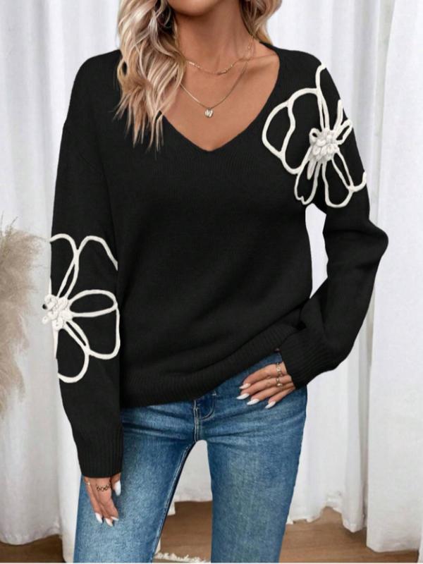 Women's Floral Design Drop Shoulder Sweater, Casual Long Sleeve V Neck Jumper for Fall & Winter, Fashion Ladies' Knitwear for Daily Wear