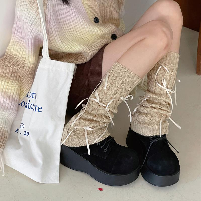 Women Knit Leg Warmer, Sweet Bow Calf Cover Boot Socks Streetwear for Daily Party