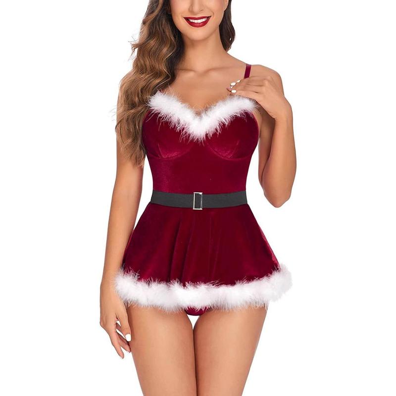 Sexy Christmas Lingerie Set Holiday Outfits Santa Chemise Exotic Nightgowns Mesh See Through Sleepwear Teddy Nightdress