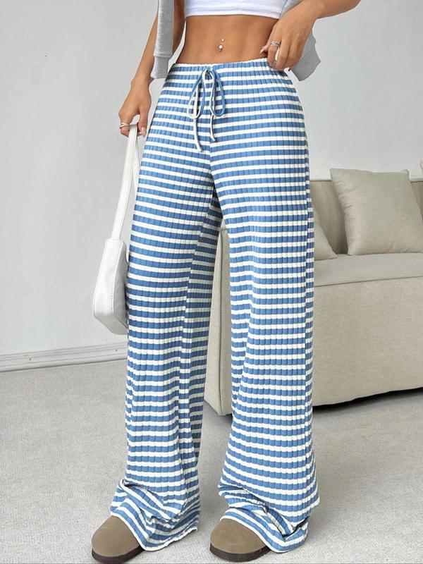 Women's Striped Print Drawstring Waist Straight Leg Pants, Casual Comfy Drop Waist Trousers for Daily Wear, Ladies Bottoms for All Seasons