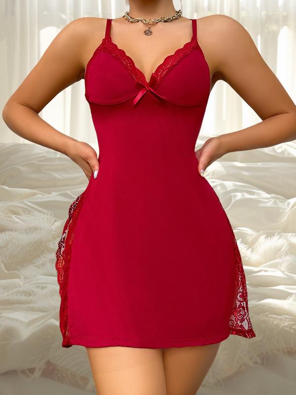 Women's Modal Lace Sleep Dress with Hollow Details and Bow Accent – Sexy Split Nightwear Lingerie