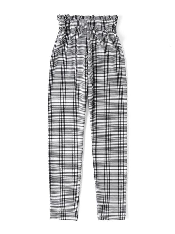 Women's Plaid Print Belted Paper Bag Waist Skinny Pants, Casual Comfy High Waist Trousers for Daily Wear, Ladies Bottoms for Fall & Winter