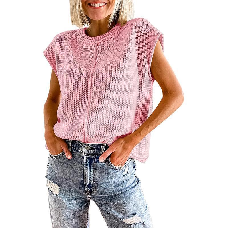 Women's Crew Neck Sleeveless Sweater Vest Casual Solid Cap Sleeve Loose Fit Knit Pullover Tank Tops Jumper Top