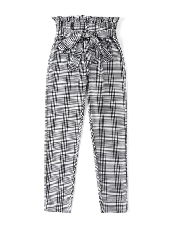 Women's Plaid Print Belted Paper Bag Waist Skinny Pants, Casual Comfy High Waist Trousers for Daily Wear, Ladies Bottoms for Fall & Winter