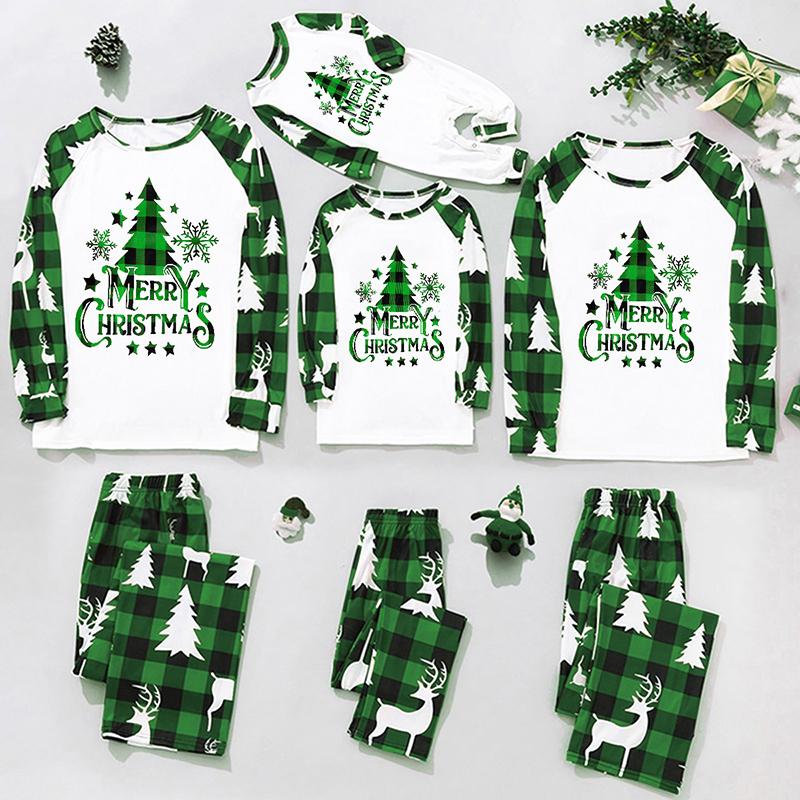 Matching Pajamas For Family, Long Sleeve Round Neck Tree Print Tops+ Trousers Suit  Infants Romper