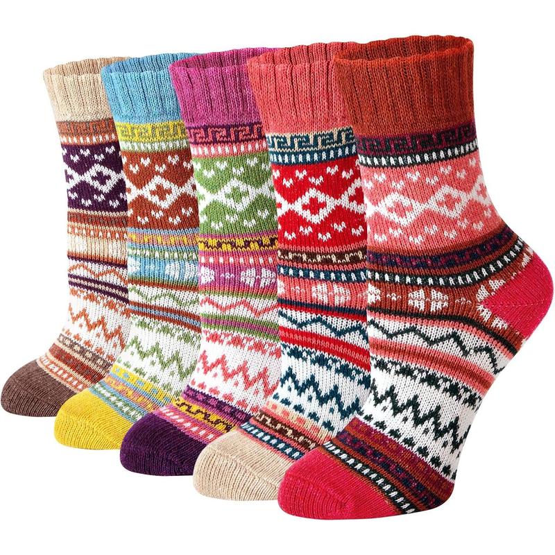 5 Pairs Womens Wool Socks Thick Warm Soft Knit Cozy Crew Winter Socks Christmas Gifts