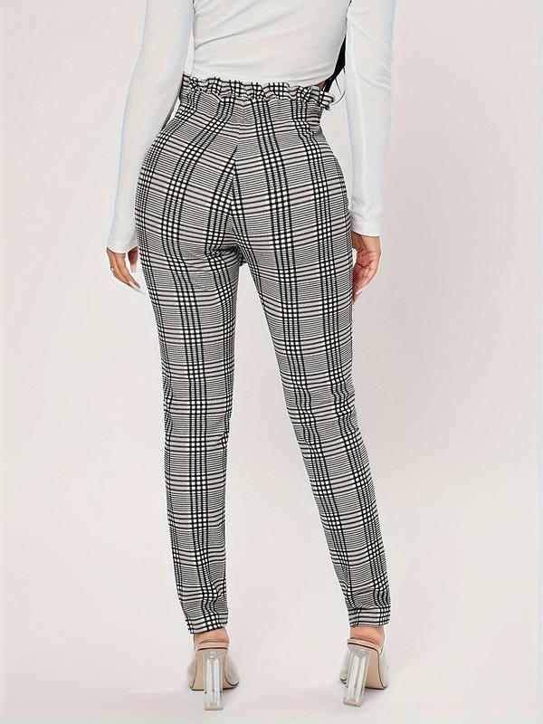 Women's Plaid Print Belted Paper Bag Waist Skinny Pants, Casual Comfy High Waist Trousers for Daily Wear, Ladies Bottoms for Fall & Winter