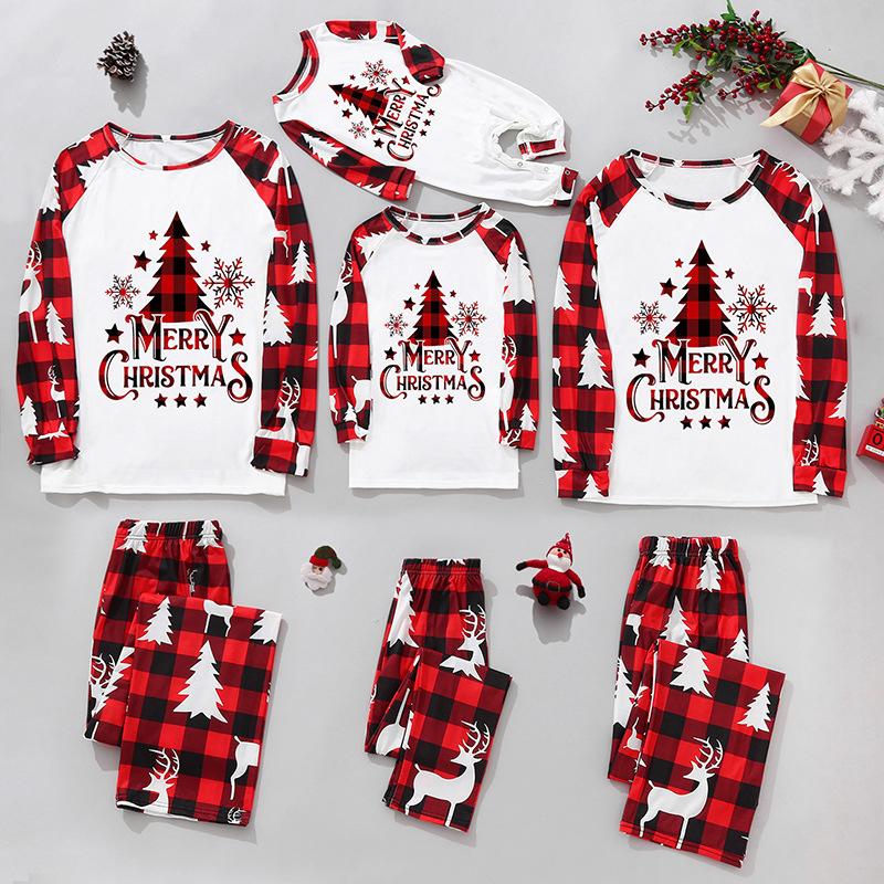 Matching Pajamas For Family, Long Sleeve Round Neck Tree Print Tops+ Trousers Suit  Infants Romper