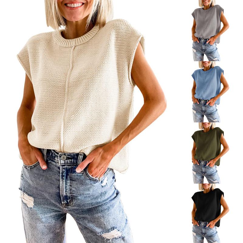 Women's Crew Neck Sleeveless Sweater Vest Casual Solid Cap Sleeve Loose Fit Knit Pullover Tank Tops Jumper Top