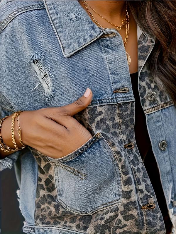 Women's Long Sleeved Denim Jacket - Washed Blue, Worn, Leopard Print Patchwork, Short, Casual, Fashionable, and Stylish Outerwear for Women