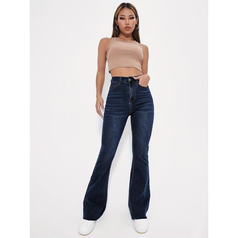 Blue High-Rise Flared Jeans with Raw Hem - Super Stretch Slim Fit Bell Bottoms - Retro Chic Denim for Womens Fashion