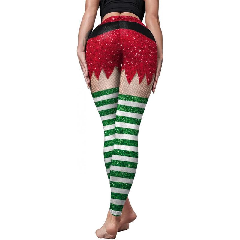 Women's High Waist Christmas Leggings Striped Reindeer Snowflake Print Festive Leggings - Black Friday Sale