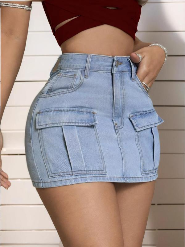 Women's Pocket Button Denim Skirt, Casual High Waist Mini Skirt, Ladies Bottoms for Daily Wear, Skirt for Women, Back To School Outfits, Denim Skirts for Women, Summer Outfits 2024