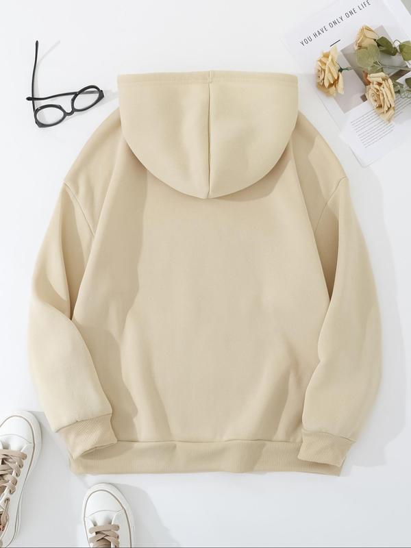  Letter Print Drawstring Pocket Hoodie, Casual Drop Shoulder Long Sleeve Hooded Sweatshirt, Ladies Fall & Winter Clothes for Daily Wear Graphic Hoodie