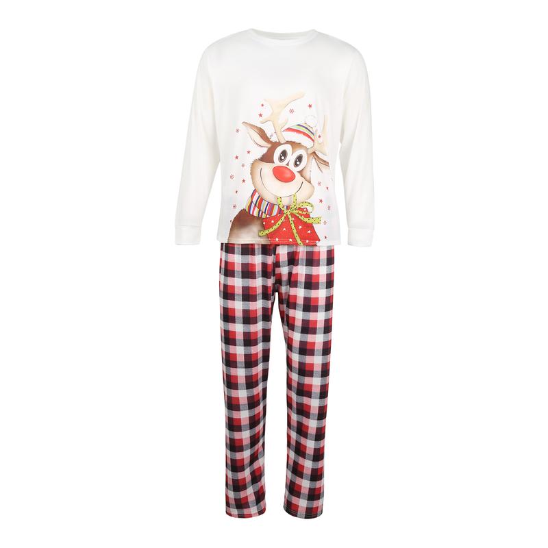 Christmas Pajamas For Family, Elk Print O-Neck Long Sleeve Tops+ Plaid Long Pants for Kids Adults