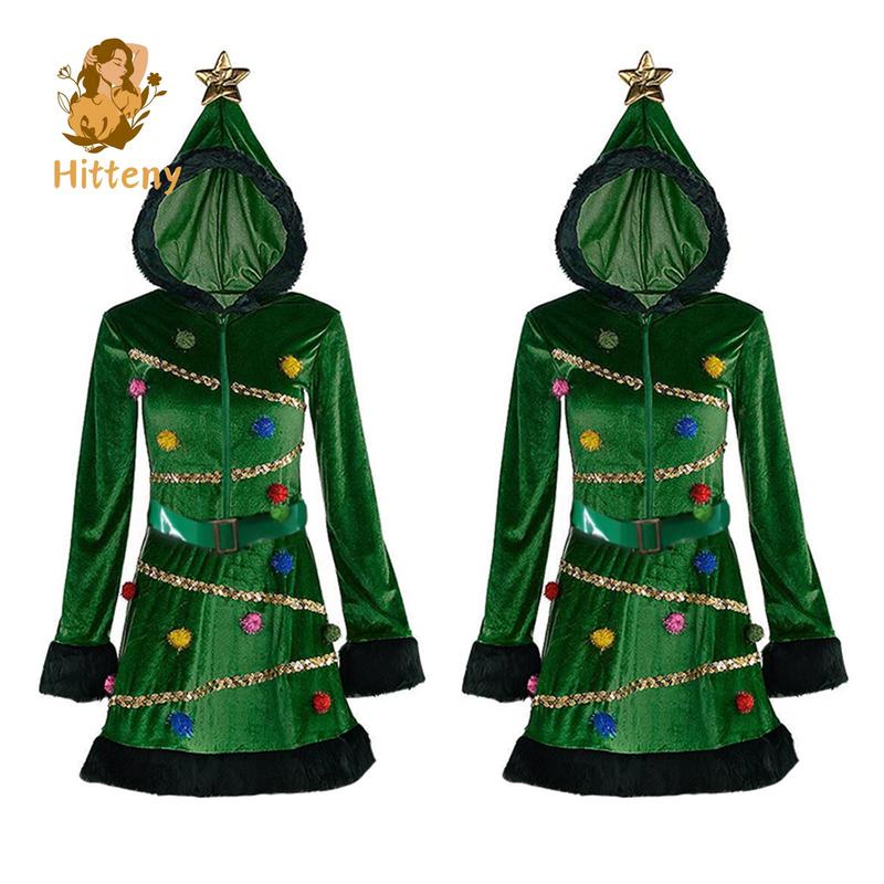 Women Christmas Tree Dress, Adult Hooded Sequin Fancy Costume with Belt, Pom-pom