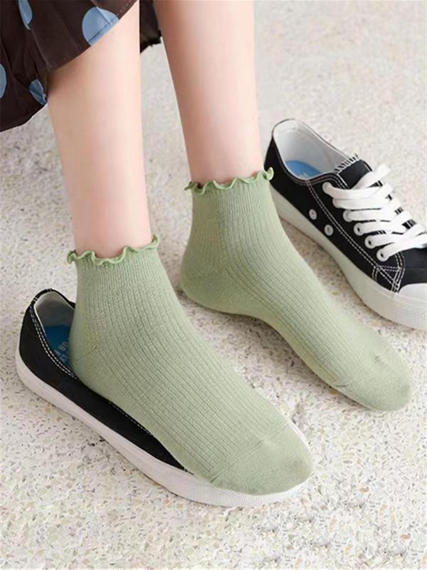 Women's 10 Pairs Plain Lettuce Trim Ankle Socks, Multi-pack Casual Soft Comfortable Breathable Low Cut Socks For Daily Wear, Women's Socks & Hosiery