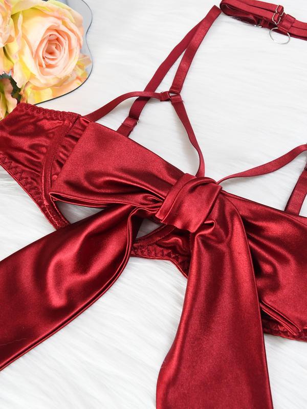 Women's 6pcs Sexy Silk Bow Front Push Up Bra Lingerie Set,Christmas Gift,Comfortable Underwear, girls conquet te outfit Nightdress Red  Black lingerieset Womenswear Lady sexy Sleepwear Elegance Feminine Basic Minimalist Nightgown Elegant Nightwear Spaghet