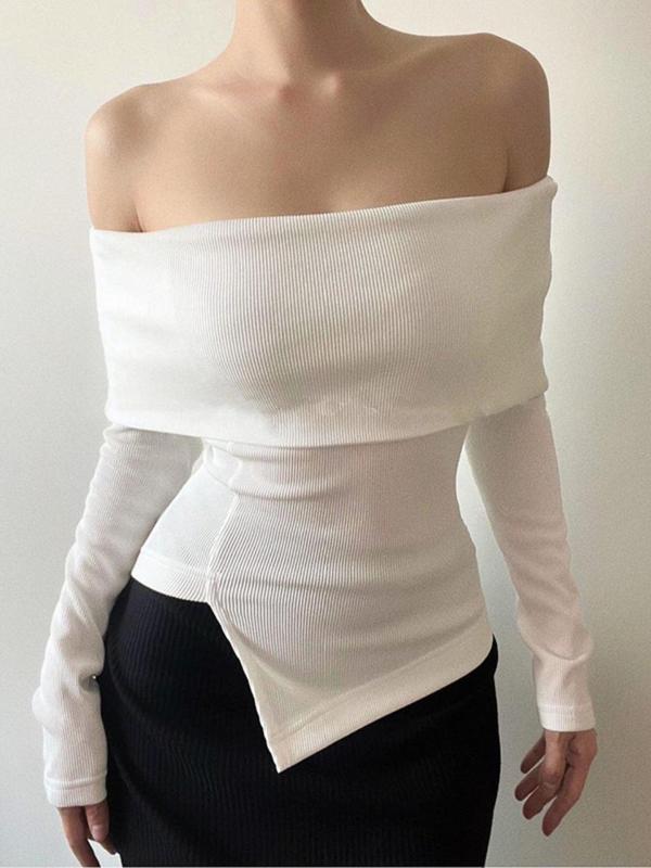 Women's Off Shoulder Asymmetrical Hem Tee, Casual Solid Long Sleeve T-Shirt for Spring & Fall, Ladies Clothes for Daily Wear