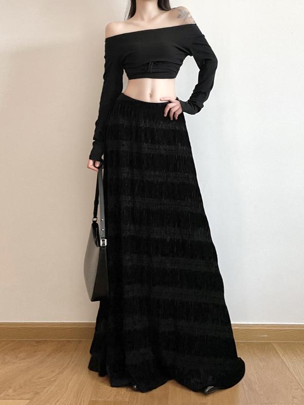 Women's Textured High Waist A Line Velvet Skirt, Street Fashion Long Skirt For Daily Wear, Ladies Bottoms For All Seasons