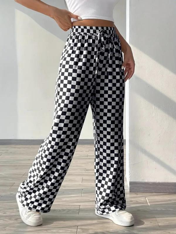  Plaid Print Drawstring Waist Wide Leg Pants, Casual Comfy Trousers for Women, Women's Bottoms for Fall & Winter