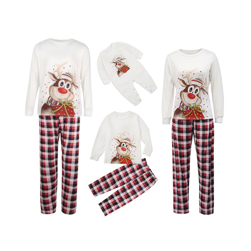 Christmas Pajamas For Family, Elk Print O-Neck Long Sleeve Tops+ Plaid Long Pants for Kids Adults