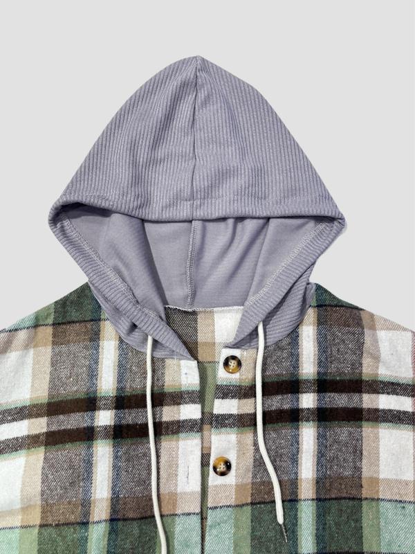 Plus Size Plaid Print Drawstring Button Front Hooded Jacket, Casual Long Sleeve Drop Shoulder Outerwear for Fall & Winter, Women's Clothes for Daily Wear