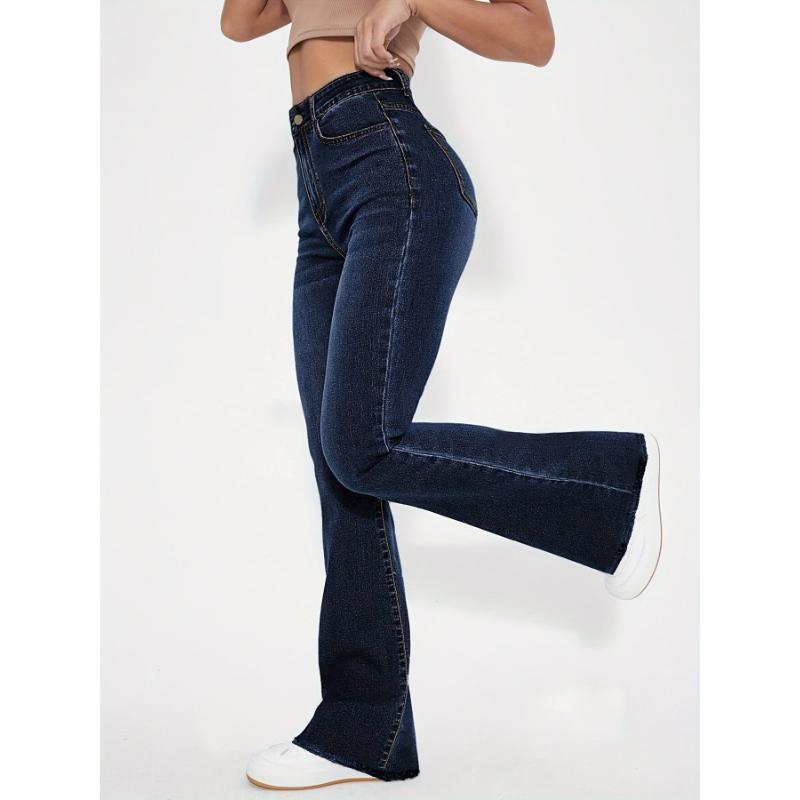 Blue High-Rise Flared Jeans with Raw Hem - Super Stretch Slim Fit Bell Bottoms - Retro Chic Denim for Womens Fashion