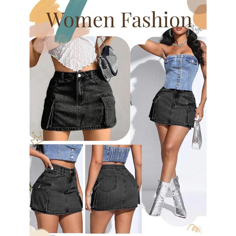 Low Waist Denim Skirts Jean Skirts with Pockets Y2K Mini Cargo Skirt Suitable for Women's Daily Leisure Travel Fashion Womenswear Bottom Modal