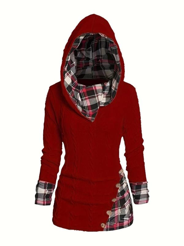 Women's Plaid Patchwork Print Button Front Cable Knit Hooded Knit Top, Casual Long Sleeve Asymmetrical Jumper for Fall & Winter, Women's Knitwear for Daily Wear