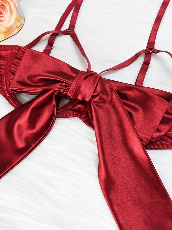 Women's 6pcs Sexy Silk Bow Front Push Up Bra Lingerie Set,Christmas Gift,Comfortable Underwear, girls conquet te outfit Nightdress Red  Black lingerieset Womenswear Lady sexy Sleepwear Elegance Feminine Basic Minimalist Nightgown Elegant Nightwear Spaghet