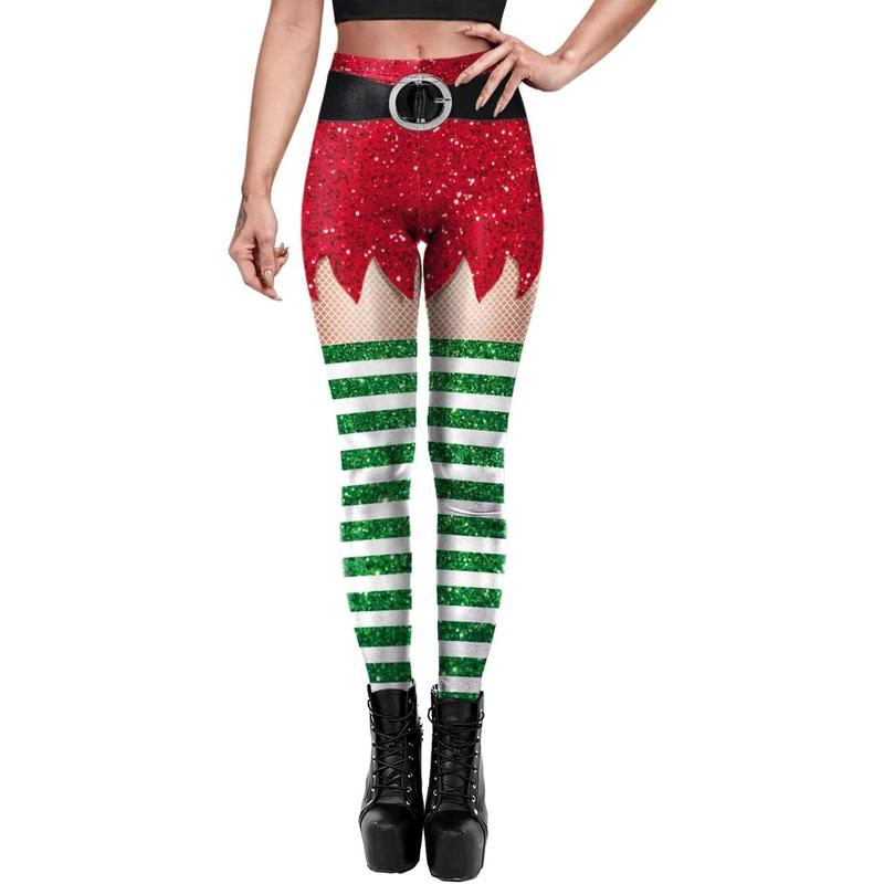 Women's High Waist Christmas Leggings Striped Reindeer Snowflake Print Festive Leggings - Black Friday Sale