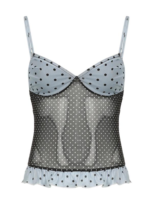 Women's Patchwork Polka Dot Print Ruched Sheer Cami Top, Adjustable Strap Ruffle Hem Top for Summer, Fashion Women's Top for Daily Wear