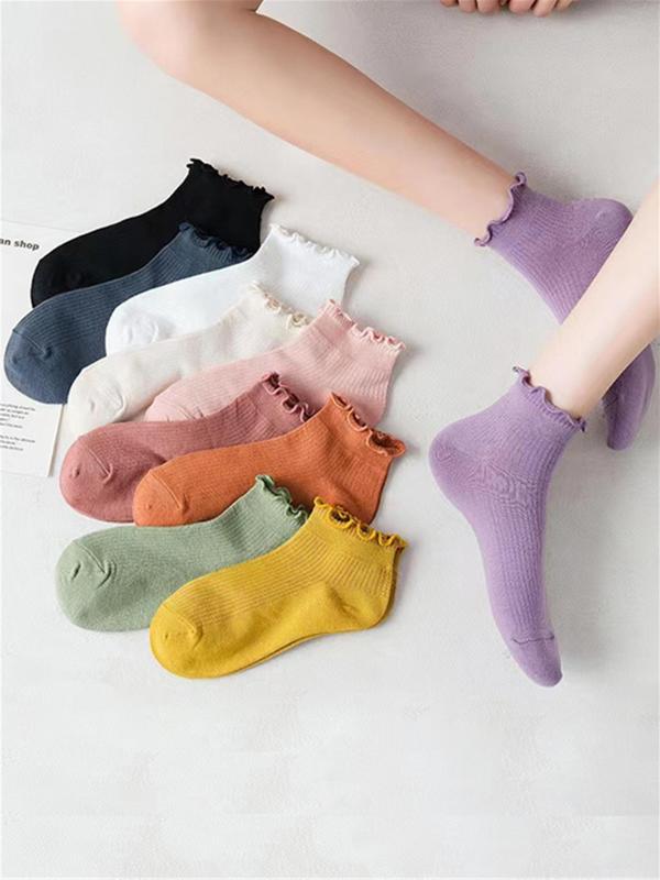 Women's 10 Pairs Plain Lettuce Trim Ankle Socks, Multi-pack Casual Soft Comfortable Breathable Low Cut Socks For Daily Wear, Women's Socks & Hosiery