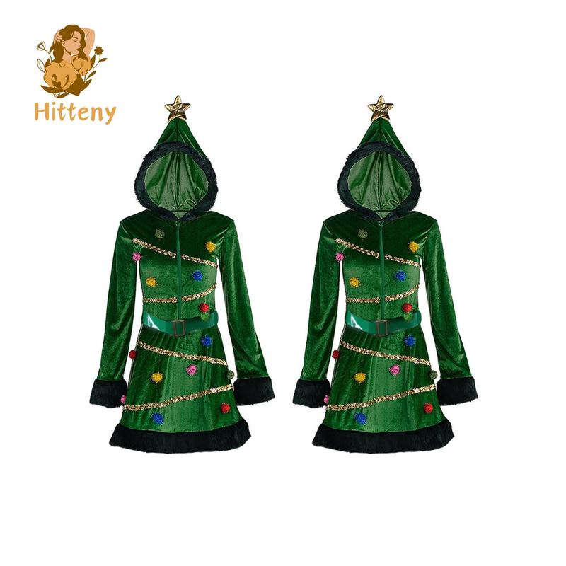 Women Christmas Tree Dress, Adult Hooded Sequin Fancy Costume with Belt, Pom-pom