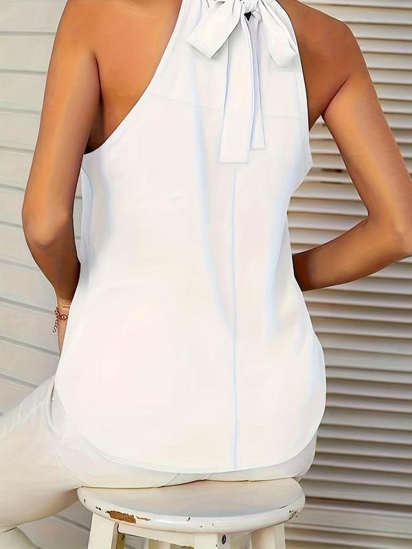 Plus Size Solid Color Ruffle Trim Halter Tie Back Tank Top, Plus Casual Elegant Chic Sleeveless Top for Summer, Women's Plus Clothing for Daily Wear