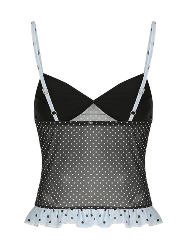 Women's Patchwork Polka Dot Print Ruched Sheer Cami Top, Adjustable Strap Ruffle Hem Top for Summer, Fashion Women's Top for Daily Wear