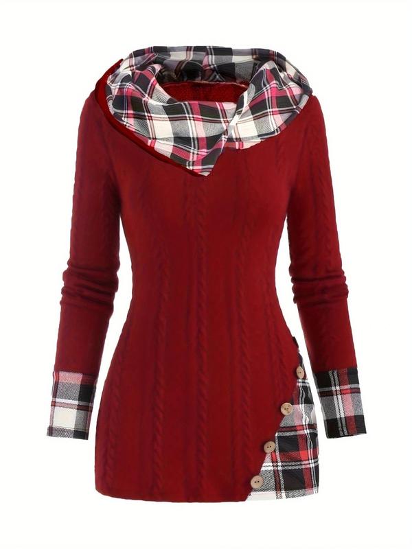 Women's Plaid Patchwork Print Button Front Cable Knit Hooded Knit Top, Casual Long Sleeve Asymmetrical Jumper for Fall & Winter, Women's Knitwear for Daily Wear