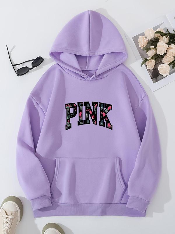  Letter Print Drawstring Pocket Hoodie, Casual Drop Shoulder Long Sleeve Hooded Sweatshirt, Ladies Fall & Winter Clothes for Daily Wear Graphic Hoodie