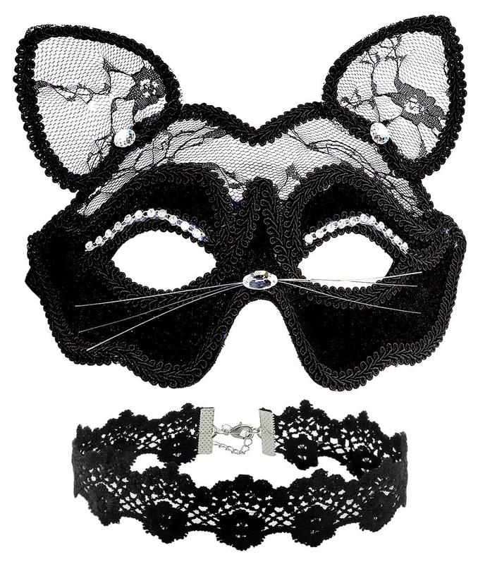 Black Cat Costume for Women with Sexy Lace Masquerade Mask, Lace Cat Women Ears & Kitty Necklace, Mask and Ears Adults Adult Halloween Accessories